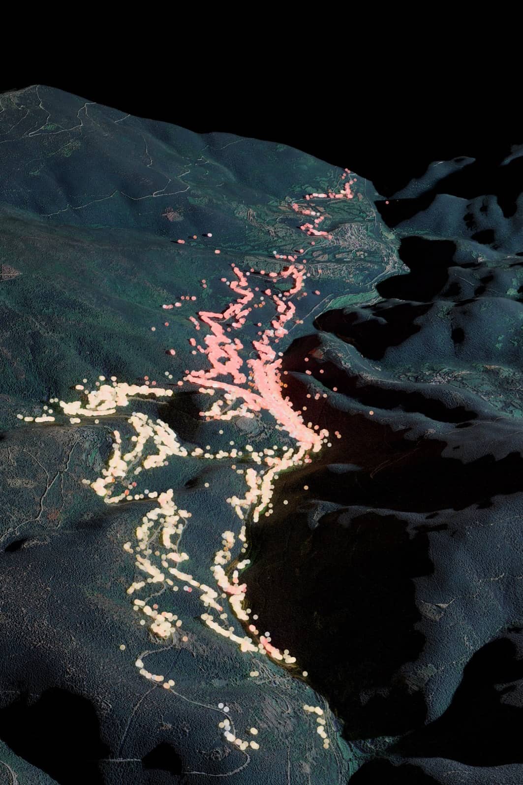 Rendered still from the animation depicting the hybrid zone with dots in different colors refering to the individual data points.