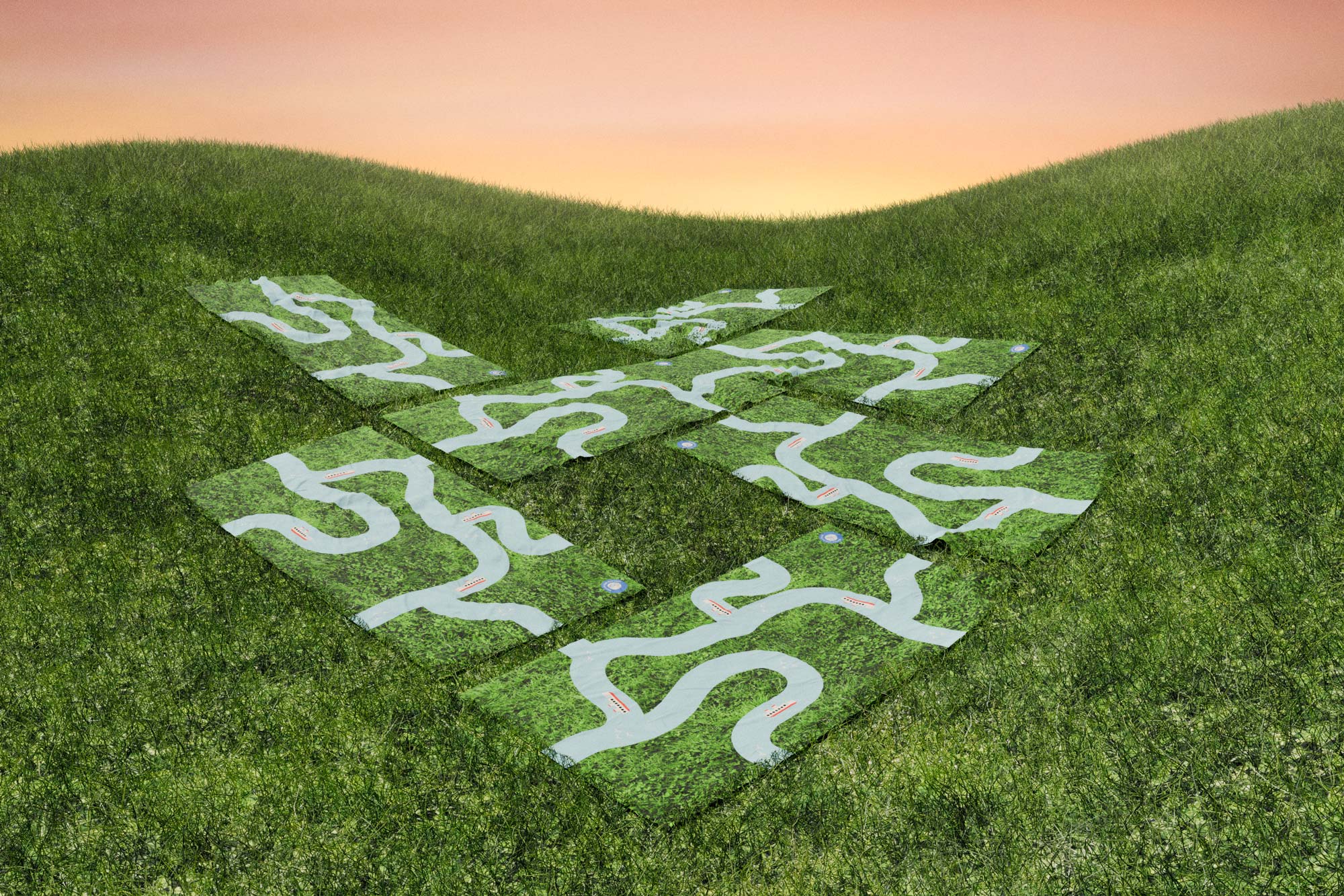 rendering of printed towels laying in grass