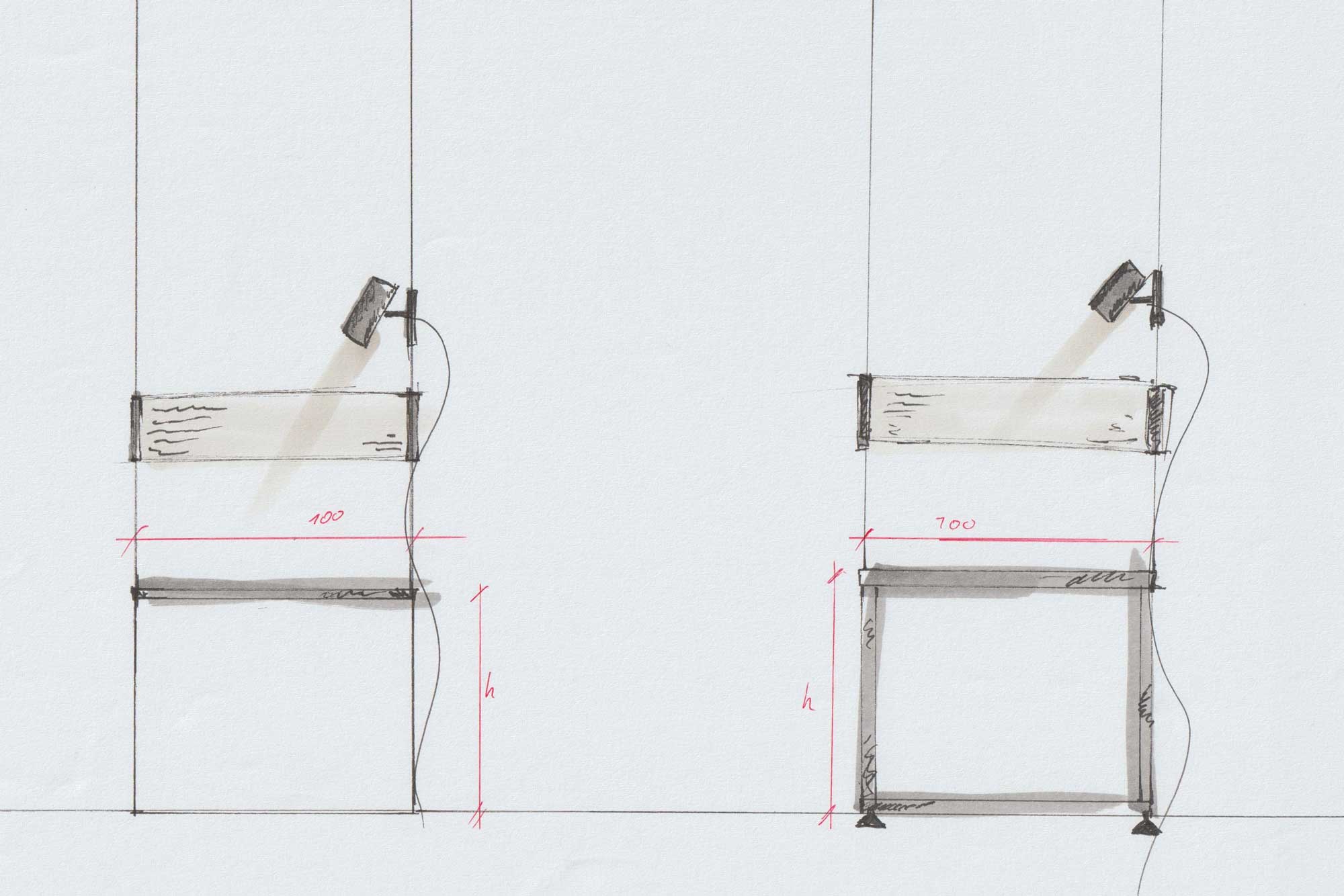 Rough Sketch showing two modules, a lighting fixture and measurements