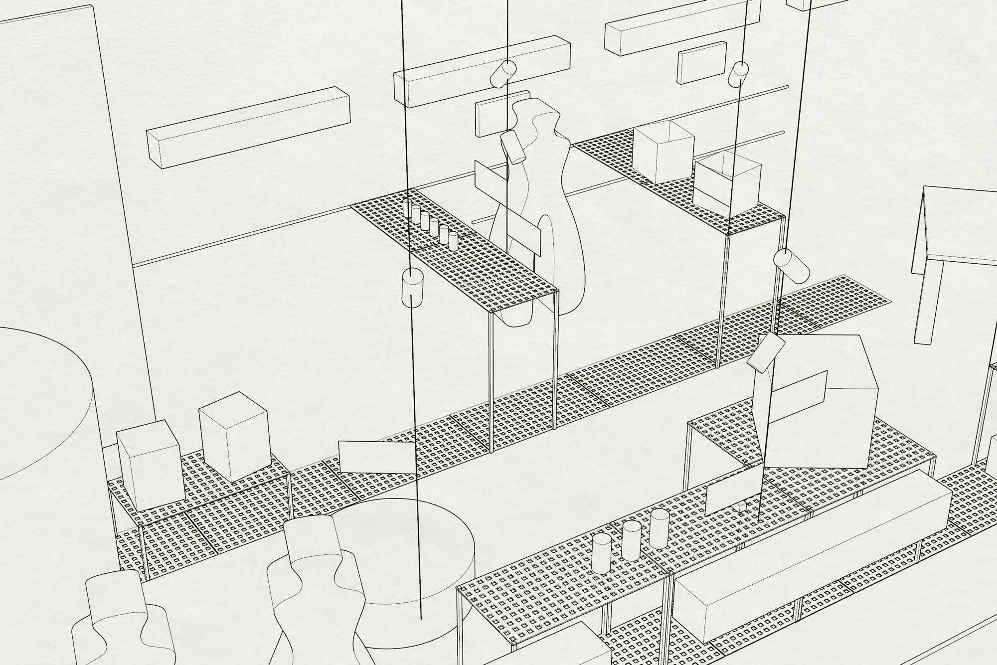 Wireframe view from a CAD software showing an exhibtion space