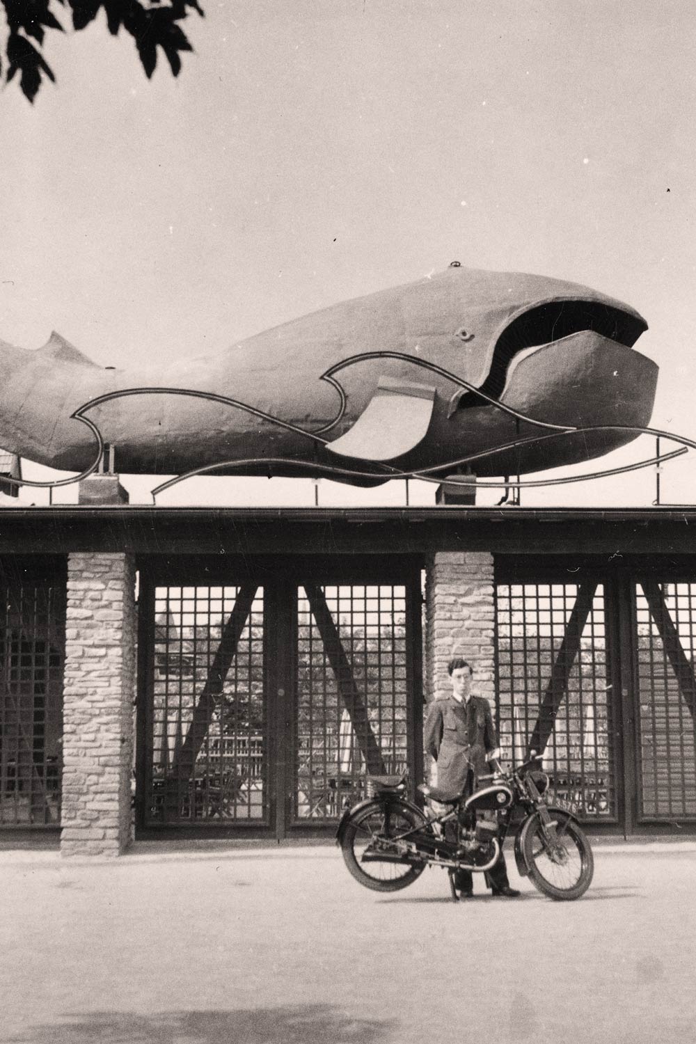 Black and white photograph of restaurant entrance zum Walfisch